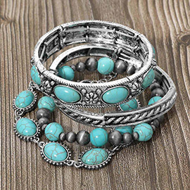 4PCS - Boho Oval Round Stone Embellished Stretch Multi Layered Bracelets