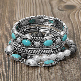 4PCS - Boho Oval Square Stone Embellished Stretch Multi Layered Bracelets