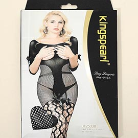 Bow Accent Cutout Mesh Fishnet Garter Bodystocking
