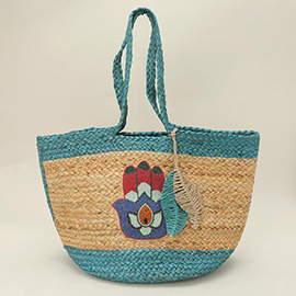 Embroidered Hamsa Hand Motif Accent Leaf Bag Charm Straw Woven Shoulder Tote Bag