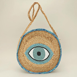 Beaded Evil Eye Accent Round Raffia Braided Crossbody Bag