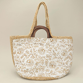 Wooden Handle Floral Pattern Raffia Woven Shoulder Tote Bag