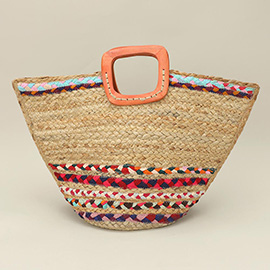 Boho Tribal Pattern Wooden Handle Straw Tote Bag