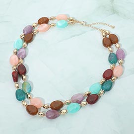 Chunky Resin Oval Marbled Pebble Beaded Layered Necklace