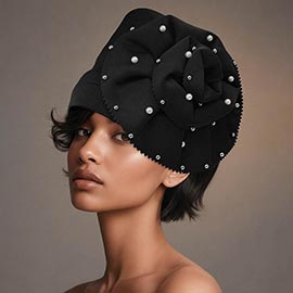 Pearl Rhinestone Cluster Embellished Flower Accent Turban Hair Wrap