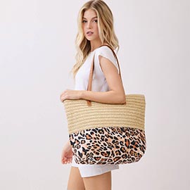 Leopard Print Straw Tote Shoulder Bag