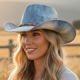 Rustic Heishi Rhinestone Chain Band Western Straw Cowboy Hat