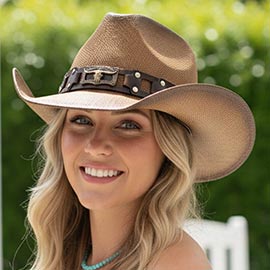 Longhorn Steer Head Buckle Accent Rugged Studded Band Western Straw Cowboy Hat