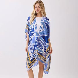 Abstract Botanical Print Silky Feel Kimono Poncho