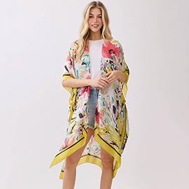Abstract Floral Print Silky Feel Kimono Poncho