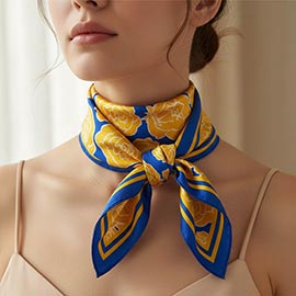 Floral Rose Pattern Printed Square Silky Satin Bandana Scarf