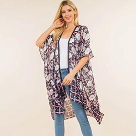 Floral Pattern Open Front Long Kimono Poncho