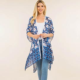 Floral Pattern Open Front Long Kimono Poncho