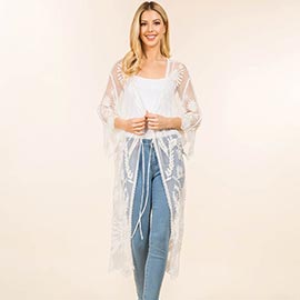 Sheer Floral Lace Long Kimono Poncho