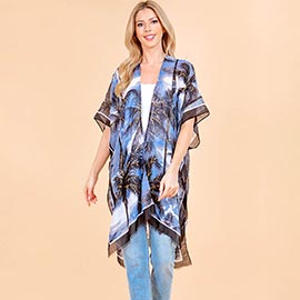 Palm Tree Leaf Pattern Open Front Kimono Poncho Wrap