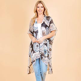 Lightweight Abstract Geometric Pattern Open Front Kimono Poncho