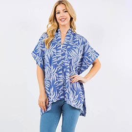 Lightweight Short Sleeves Leaf Pattern Open Front Kimono Poncho
