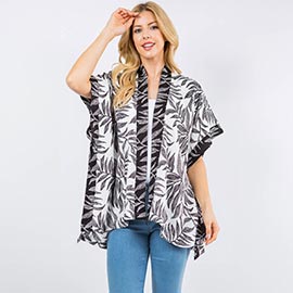 Lightweight Short Sleeves Leaf Pattern Open Front Kimono Poncho