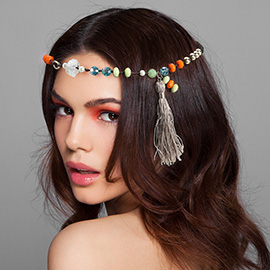 Tassel Drop Boho Beaded Stretch Headband