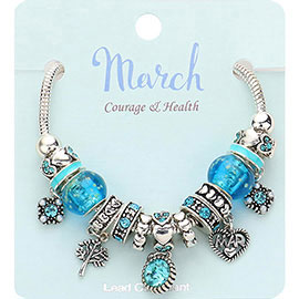 March - Birthstone Heart Charm Multi Beaded Bracelet