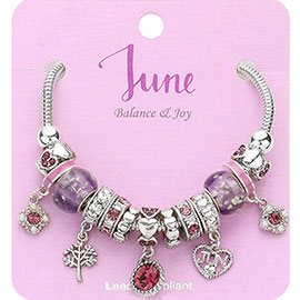 June - Birthstone Heart Charm Multi Beaded Bracelet