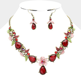 Colored Metal Flower Leaf Teardrop Stone Bib Necklace