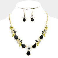 Colored Metal Flower Leaf Teardrop Stone Bib Necklace