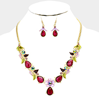 Colored Metal Flower Leaf Teardrop Stone Bib Necklace