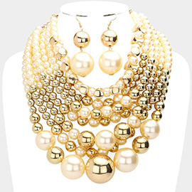 7Row Strand Pearl Metal Ball Statement Necklace