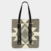 Aztec Pattern Suede Handle Woven Tote Bag