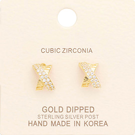 Gold Dipped CZ Stone Paved Crisscross Stud Earrings