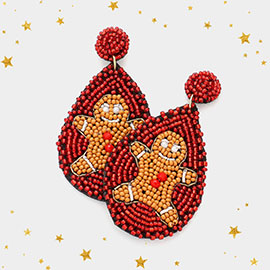 Felt Back Seed Bead Gingerbread Man Accented Teardrop Earrings