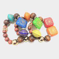 3PCS - Patterned Colorful Wood Accented Stretch Bracelets