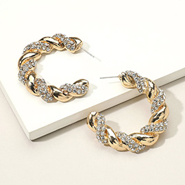 Rhinestone Embellished Braided Metal Half Hoop Earrings