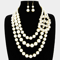Stone Cluster Double Open Circle Accented Pearl Bib Necklace
