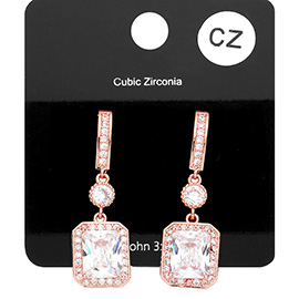 CZ Emerald Cut Accented Dangle Evening Earrings