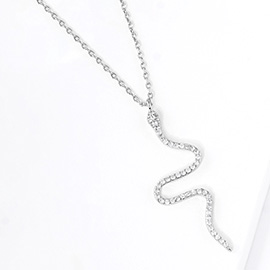 White Gold Dipped CZ Embellished Metal Snake Pendant Necklace