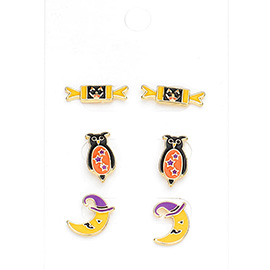 3Pairs - Enamel Pumpkin Candy Owl Crescent Moon Stud Earrings