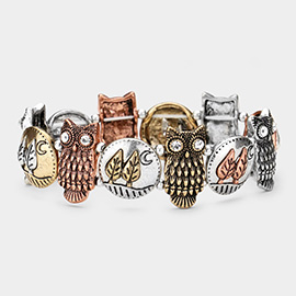 Stone Embellished Metal Owl Stretch Bracelet