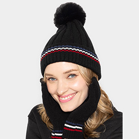 Stripe Pointed Faux Fur Pom Pom Knit Beanie Hat