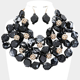 Stone Ball Marbled Bead Cluster Necklace