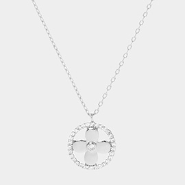 White Gold Dipped CZ Centered Metal Quatrefoil Round Pendant Necklace