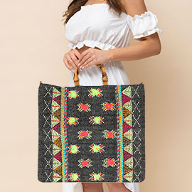 Handwoven Embroidery Boho Pattern Bamboo Handle Tote / Crossbody Bag