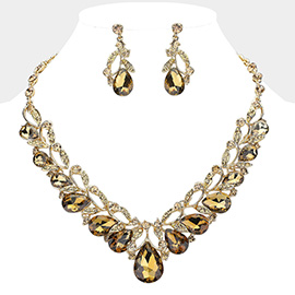 Teardrop Accented Stone Embellished Leaf Evening Necklace