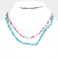 Natural Stone Oval Heishi Beaded Triple Layered Necklace