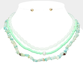 Natural Stone Oval Heishi Beaded Triple Layered Necklace