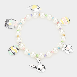 Enamel Easter Bunny Egg Bird Flower Charm Pearl Stretch Bracelet