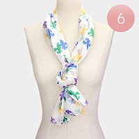 6PCS - Silk Feel Satin Mardi Gras Fleur de Lis Patterned Scarf