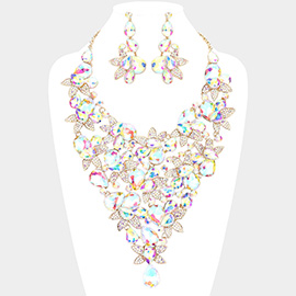 Teardrop Stone Leaf Cluster Vine Statement Evening Necklace