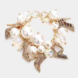 Metal Stiletto Heel Charm Station Pearl Cluster Toggle Bracelet